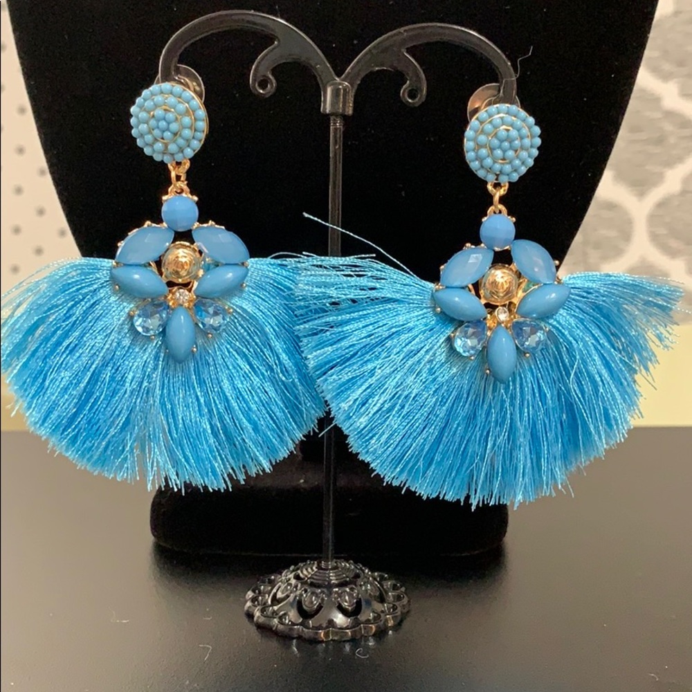 Blue Beaded & Tassel Dangle Earrings